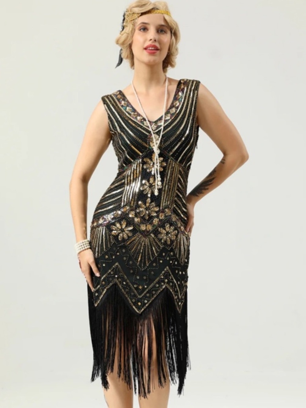 1920s Gatsby Flapper Fringe Dress Dark Green Sequin Art Deco Cocktail SMALL NWOT